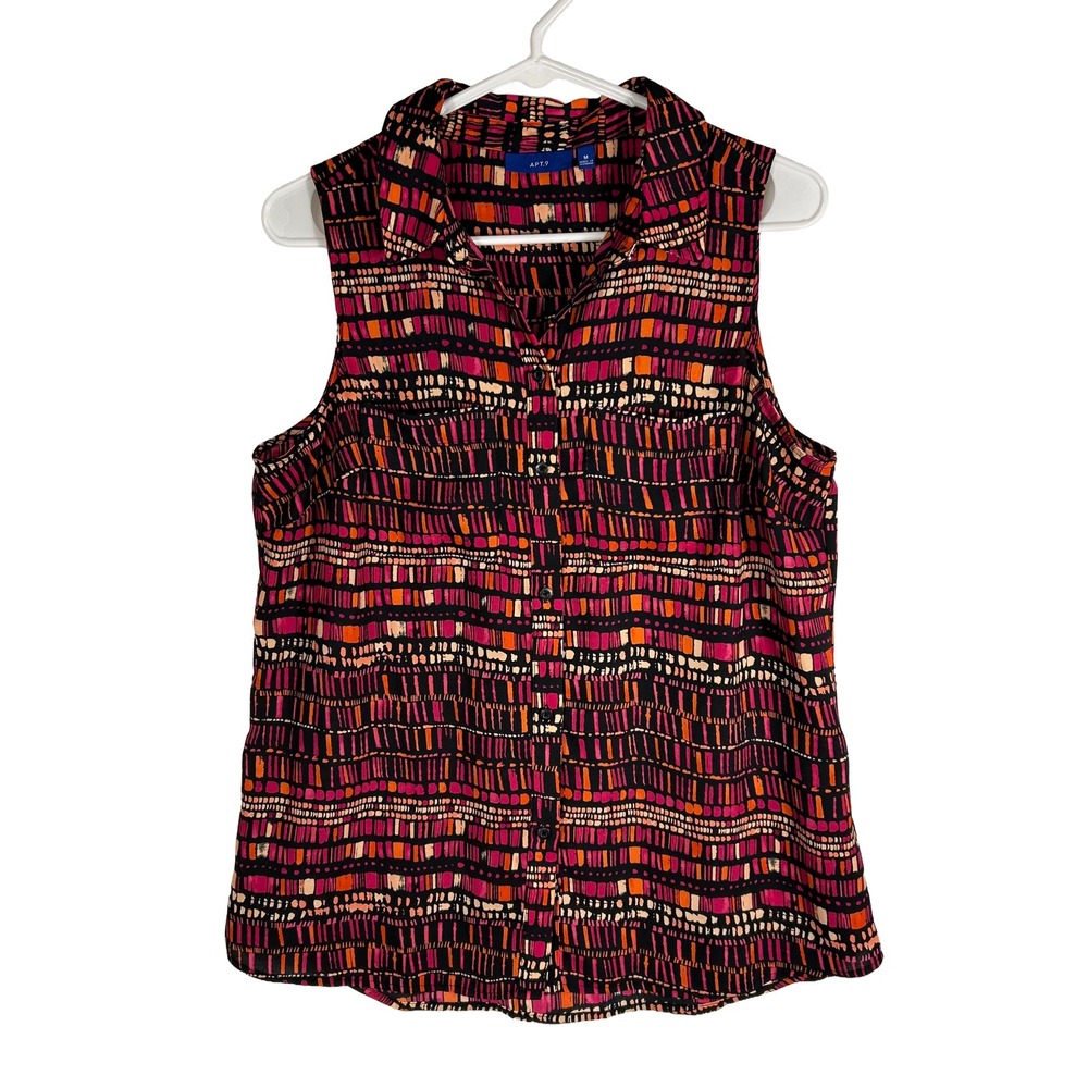 Apt 9 Womens Sleeveless Button Down Blouse Pink Orange Geometric Print Size M